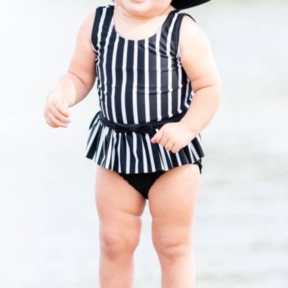 Ruffle Butts- Black and White Striped Skirted One Piece Swimsuit 12-18 months